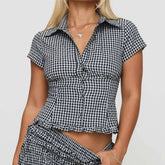 BXOXO Women Y2k Plaid Short Sleeve Shirt Summer Going Out V Neck Slim Fit Blouse Contrast Color Shirt Fashion Streetwear