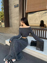 Bxoxo Sexy Slash Neck Knit Sweater 2 Piece Set Women Y2K Autumn Winter Slim Crop Sweater Female Korean High Waist Long Skirt Suit New