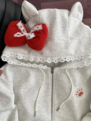 Bxoxo Kawaii Print Bow Hoodies Women Sweet Lace Patchwork Long Sleeve Cute Sweatshirts Japan Loose Pockets Letter Female Zipper Tops