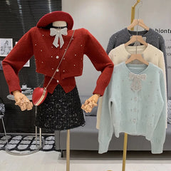 Bxoxo Korean Sweet Diamonds Knit Cardigan Women Autumn Chic Beaded Bow Design Slim Sweaters Solid Long Sleeve Single Breasted Tops