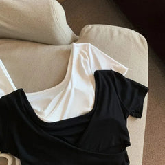 Bxoxo Cotton Square Neck T-Shirt Women Summer Solid Korean Casual Slim Crop Tops Female Fashion Streetwear Simple Basic All-Match Tees