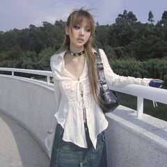 Bxoxo Y2k Aesthetics Pleated Shirt Fairycore Lace Up Blouse Trashy 2000s Style V-neck Shirt Irregular Japanese Harajuku 90s