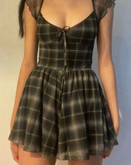 BXOXO Lattice Pattern A-Line Short Sleeve Mini Dress For Womens Clothes Summer Casual Stretch Comfortable Lady Streetwear