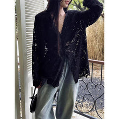 Bxoxo Y2K Lace Sheer Black Shirts Women Streetwear Sexy Hollow Out White Blouses Korean Aesthetic Long Sleeve Chic Sun Protection Tops