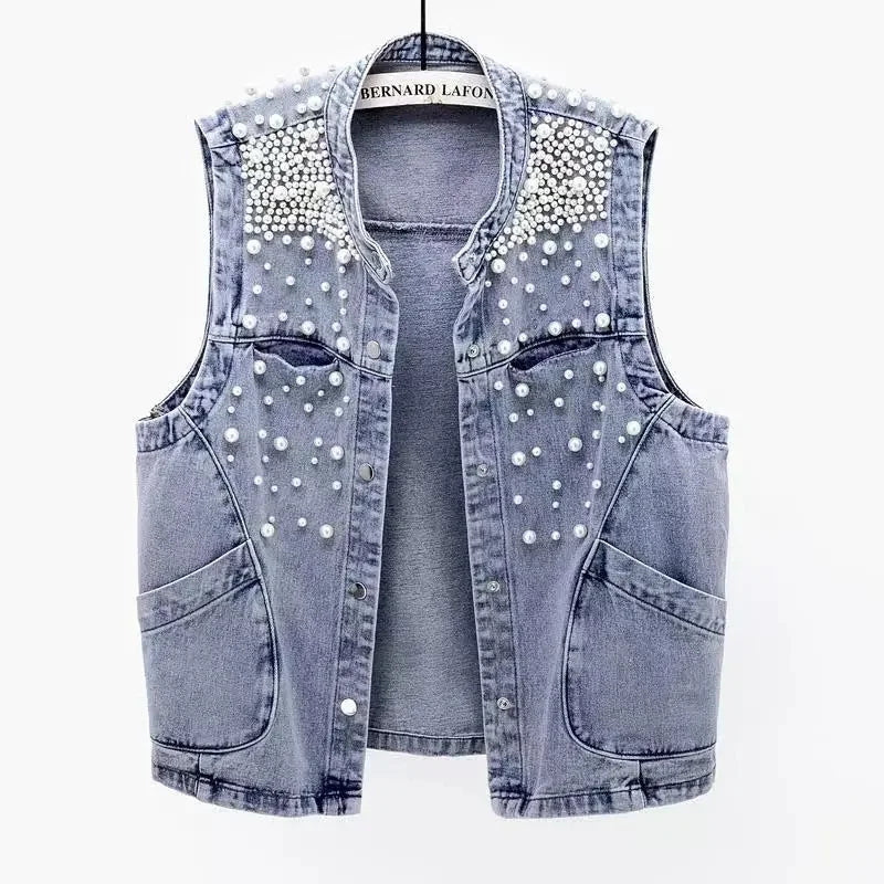 New Summer Women's Beaded Denim Tank Top Sleeveless Top Cutting Street Clothing Jeans Jacket Korean Fashion Tank Top