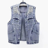 New Summer Women's Beaded Denim Tank Top Sleeveless Top Cutting Street Clothing Jeans Jacket Korean Fashion Tank Top