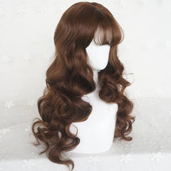 BXOXO Long Wavy Brown Wig with Bangs Synthetic Women Lolita Cosplay Fluffy Natural Heat Resistant Hair Wig for Daily Party