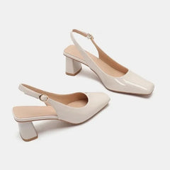 BXOXO Nude Sandals Lady Patent Leather Thick Heel Baotou Spring and Summer New Small Square Head Rhinestone French Single Shoes