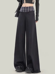 Bxoxo Plaid Patchwork Suit Pant Women Vintage Casual Korean High Waist Trouser Autumn Retro Loose Elegant Black Wide Leg Pant New