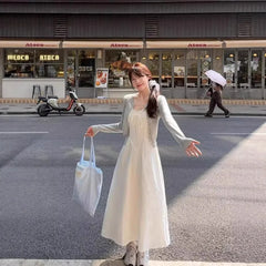 Bxoxo French Gentle Style Lace Trim V-Neck White Strapless Dress Women's Waist-Cinching Vacation Beach A- Line Midi Dress