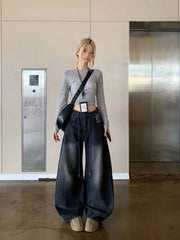 Bxoxo American Plaid Patchwork Women Wide Leg Jeans Autumn High Waist Streetwear Loose Scimitar Trousers Harajuku All Match Denim Pant