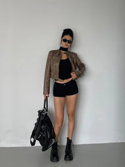 BXOXO Stand Collar Jacket Leather Short Coat Women Autumn New Straight Tube Slim Short Motorcycle Jacket Korean Sweet