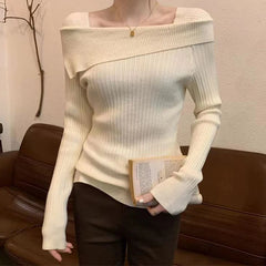 Bxoxo Women Off Shoulder Knit Sweater Slash Neck Long Sleeve Slim Knitwear Jumpers Office Sweater For Women 2024 Autumn Winter