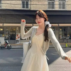 Bxoxo French Gentle Style Lace Trim V-Neck White Strapless Dress Women's Waist-Cinching Vacation Beach A- Line Midi Dress