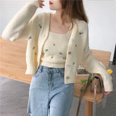 Bxoxo Two-piece Top Suit Flower Embroidered Knitted Korean Style Cardigan Autumn Fashion Sling Sweater Slim Sweet Jacket Sets