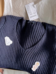 Bxoxo Vintage Navy Knitted Sweaters Women 2023 Autumn Sweet V Neck Long Sleeve Slim Y2k Tops Ladies Harajuku Cute Cotton Pull Sweater