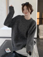 Bxoxo Streetwear Loose Gray Sweaters Women Long Sleeve Vintage Simple Knitted Pullover Korean Fall O Neck Female Retro Jumpers