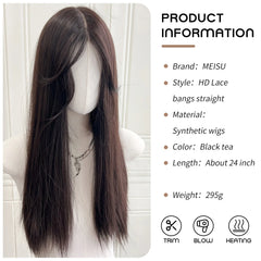 BXOXO T Part Lace Wigs Straight 24 Inch Bangs Wigs Fiber Synthetic Heat-resistant Natural Smooth And Realistic Wigs For Women