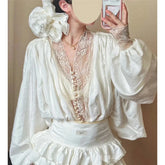 BXOXO Elegant Lace Shirts Women Vintage Sexy V Neck Beading Patchwork Blouses Summer Fairy Korean Ladies Long Sleeve Design Tops New