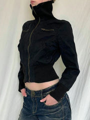 BXOXO Y2k Vintage Streetwear Medium-high Neckline Zipper Jacket Tops All Match Waist Slimming Woven Short Coats Korean Solid