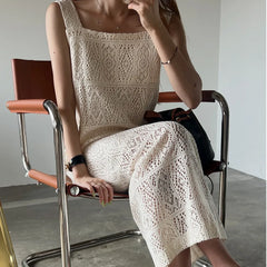 Bxoxo Summer Korean Sle Long Lace Sleeveless Vest Dress Square Collar Slimming Skirt H-Line Pure Color Ladylike Fashion Dress