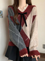 Bxoxo Sweet Bow Argyle Sweaters Women Retro Preppy Style Loose Knitted Pullover Lace Patchwork Long Sleeve Female Vintage Jumpers Fall