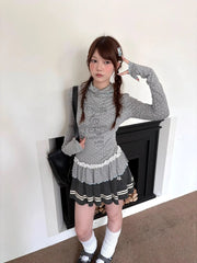 Bxoxo Korean Style Gray T-shirt Women Vintage Polka Dot Long Sleeve Tees Y2k Fashion Lace Patchwork Slim Streetwear T-shirt