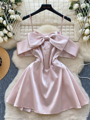 BXOXO Birthday Party Satin Dress Women Sleeveless Off Shoulder Zipper Design Bodycon Senior Sexy Fashion Bow Mini Dresses