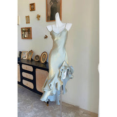 BXOXO Elegant Spaghetti Straps Sweetheart Vintage Grey Prom Dress with Irregular Ruffles Evening Birthday Party Dress Robe Soir