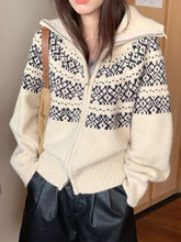 Bxoxo Print Retro Zipper Cardigan Women Loose Turtleneck Long Sleeve Korean Knitted Sweaters Vintage Female Casual Sweet Tops New