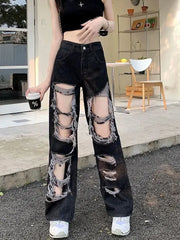BXOXO New Broken Hole Jeans All-Match Distressed Women High Street Hip Hop High Waist Straight Loose Trousers Y2k Washed Mopping Pants