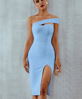 BXOXO White Blue Bodycon Bandage Dress Women 2023 Summer Sexy Elegant Black One Shoulder Strapless Celebrity Runway Party Dress