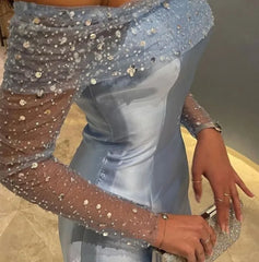 BXOXO Boat Neck Sleeves Ankle Length Arabic Blue Glitter Prom Gowns Satin Evening Dreses Sequined Prom Dress Evening Dresses