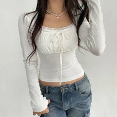 BXOXO Korean White Lace Patched Female T-shirt Slim Basic Sweet Folds Autumn Tee Cute Top Coquette Clothes Front Tie-Up Y2K
