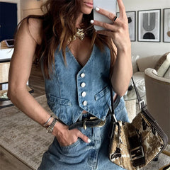 Bxoxo Denim Vest y2k Clothes Women Summer V Neck Button Front Sleeveless Tank Tops Jean Waistcoat 2000s Clothes Streetwear