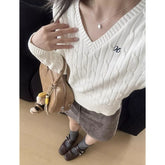 Bxoxo Korean Style V Neck Sweaters Women Preppy Style Sweet Knitted Pullover Vintage Elegant Old Money Long Sleeve Crop Tops