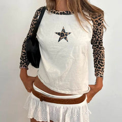 Bxoxo Retro Leopard Print T-shirts Women Casual Autumn Long Sleeve Knitted Cropped Tops y2k Vintage Tees Aesthetic Ladies Basic