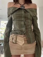 BXOXO Green Striped Off Shoulder Blouses Vintage Y2K Aesthetic Buttons Collar Shirts Women Fashion Korean Casual Sweet Tops