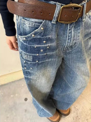 Bxoxo Vintage Rivet Women Jeans Y2k Harajuku Washed Wide Leg High Waist American Style Denim Pants Baggy Streetwear Trousers