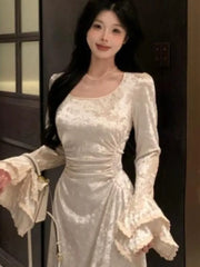 Bxoxo Autumn Elegant Velvet Midi Dresses For Women Lace Patchwork Flare Sleeve A-line Birthday Party Dress Vestidos Mujer New