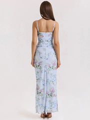BXOXO Blue Floral Print Mesh Maxi Dress For Women Gown Zipper Spaghetti Strap Sleeveless Backless Split Club Party Long Dress