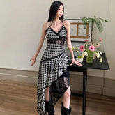 BXOXO Black And White Plaid Women's Dress Lace Splicing Irregular Hem Slimming Strap Long Dress Design Sense Niche Sleeveless