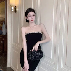 BXOXO Off Shoulder Diamond Strapless Dress for Women Sexy Slim Waist Black Bodycon Dresses 2025 Summer New Vestidos De Mujer