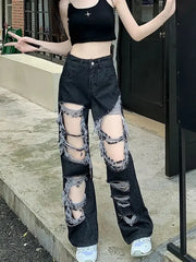 BXOXO New Broken Hole Jeans All-Match Distressed Women High Street Hip Hop High Waist Straight Loose Trousers Y2k Washed Mopping Pants