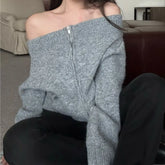 Bxoxo Women's Off-the-Shoulder Sweater Cardigan Zip Up Knitted Off Shoulder Sweater Jacket Teen-girl Fall Winter Y2K Outfit