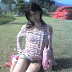 Bxoxo Japanese Style Y2k Sexy T-shirt Off Shoulder Vintage Rainbow Striped Tops Harajuku 2000s Long Sleeve T-Shirt Aesthetics