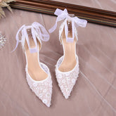BXOXO Size 33-42 Summer Beaded Women White Wedding Shoes Ankle Strap Pointed High Heel Pumps