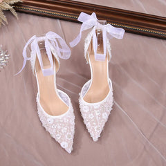BXOXO Size 33-42 Summer Beaded Women White Wedding Shoes Ankle Strap Pointed High Heel Pumps