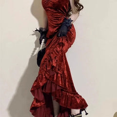 BXOXO Wine red suspender fish tail elegant Goddess Royal dress with hip wrap