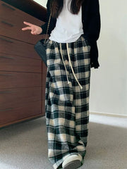 Bxoxo Vintage Faux Woolen Plaid Pant Women High Waist Soft Loose Wide Leg Trousers Casual Female Fall Winter Pockets Retro Y2K Pants